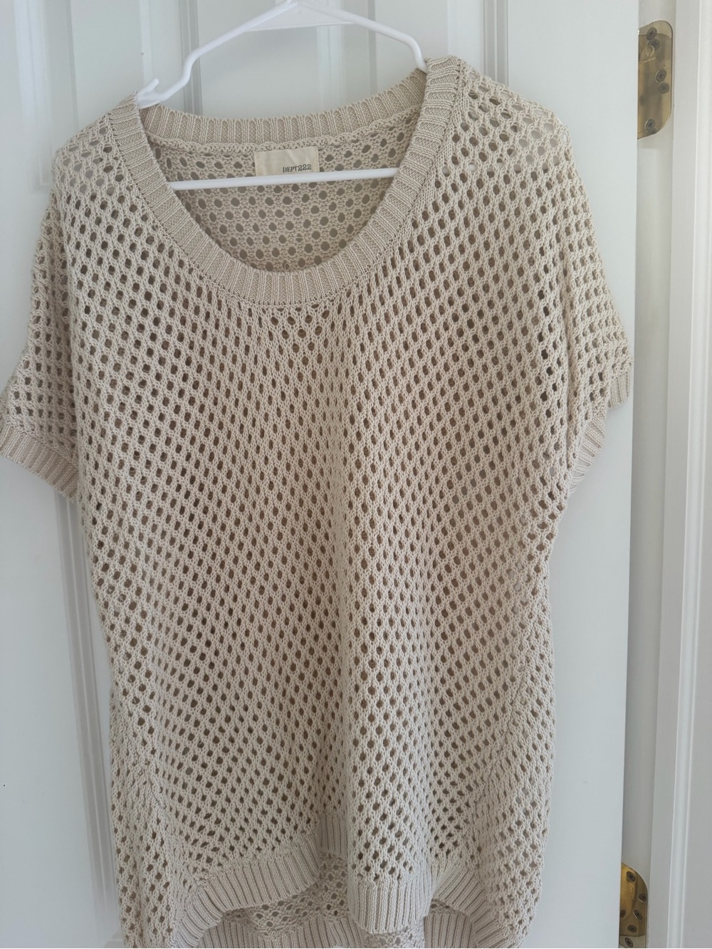 Open-Knit Crewneck Short Sleeve Sweater in Light Beige